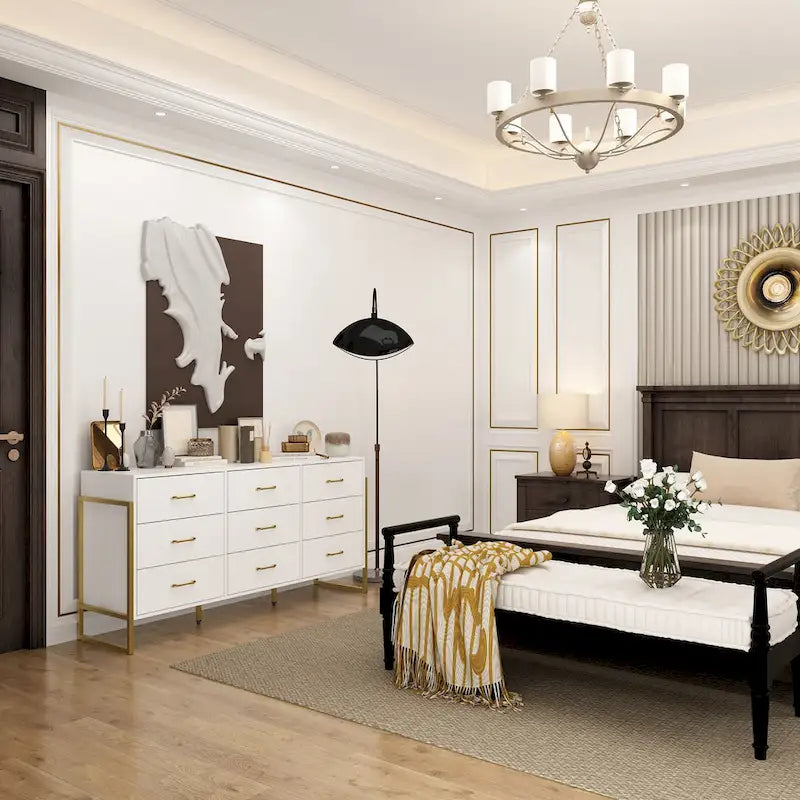 Commode large à 9 tiroirs avec poignées dorées et pieds en métal, 155 cm, rangement moderne pour chambre à coucher