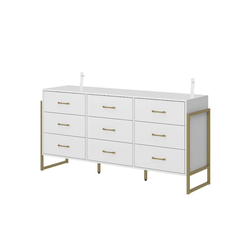 Commode large à 9 tiroirs avec poignées dorées et pieds en métal, 155 cm, rangement moderne pour chambre à coucher