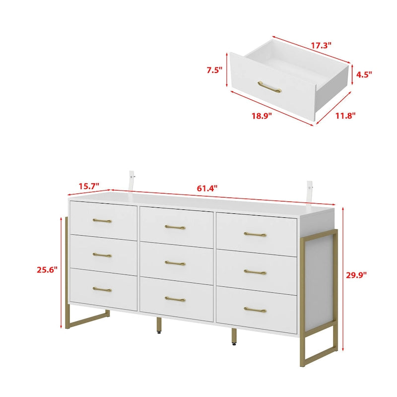 Commode large à 9 tiroirs avec poignées dorées et pieds en métal, 155 cm, rangement moderne pour chambre à coucher