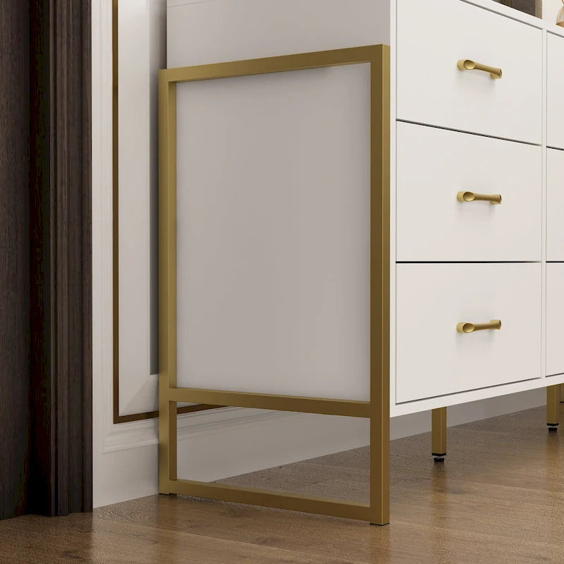 Commode large à 9 tiroirs avec poignées dorées et pieds en métal, 155 cm, rangement moderne pour chambre à coucher