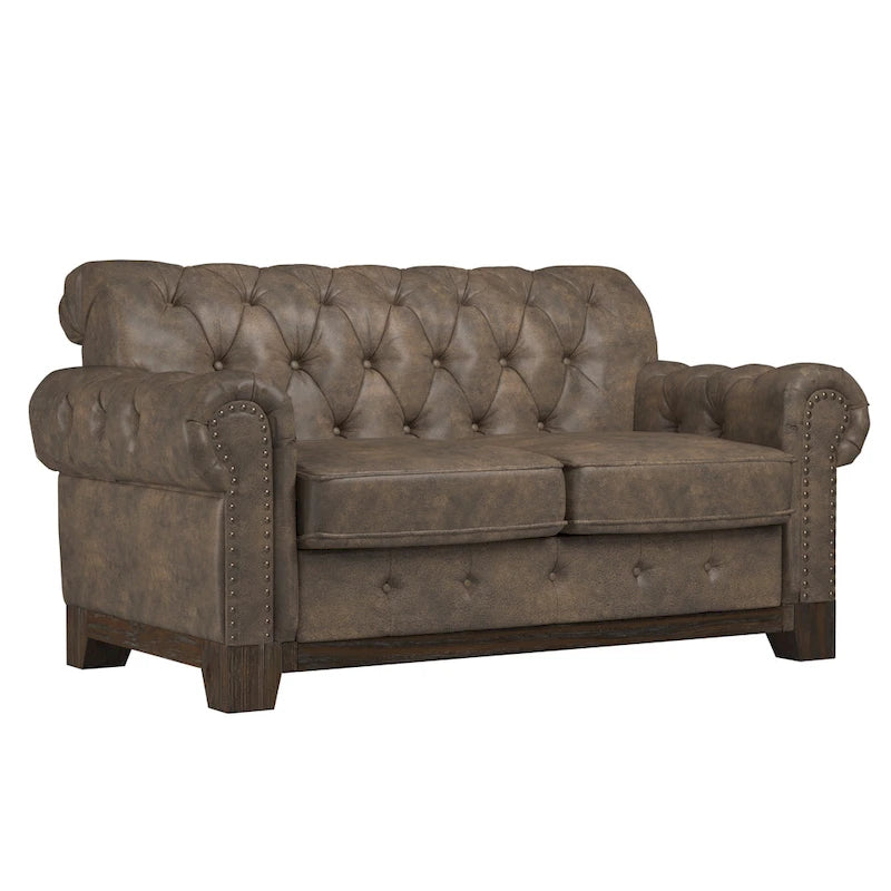 Causeuse capitonnée Chesterfield avec accoudoirs roulés et garniture cloutée