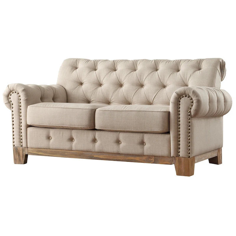 Causeuse capitonnée Chesterfield avec accoudoirs roulés et garniture cloutée