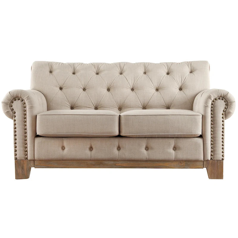 Causeuse capitonnée Chesterfield avec accoudoirs roulés et garniture cloutée
