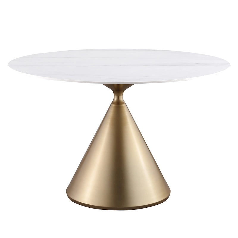 Table à manger ronde de 47 po avec plateau aspect marbre et piétement conique doré
