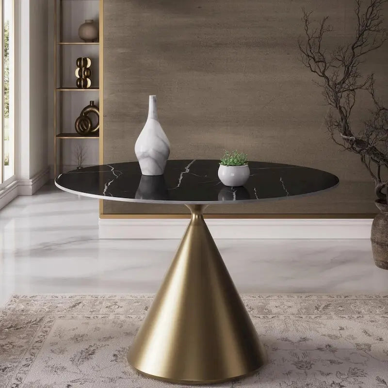 Table à manger ronde de 47 po avec plateau aspect marbre et piétement conique doré
