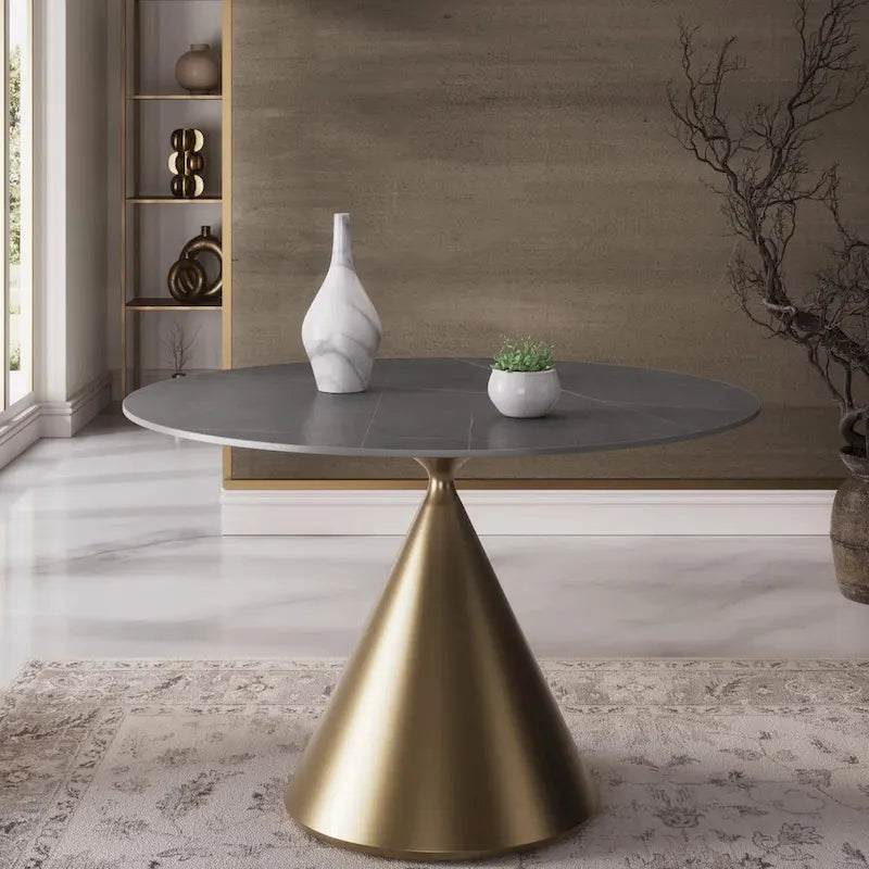 Table à manger ronde de 47 po avec plateau aspect marbre et piétement conique doré