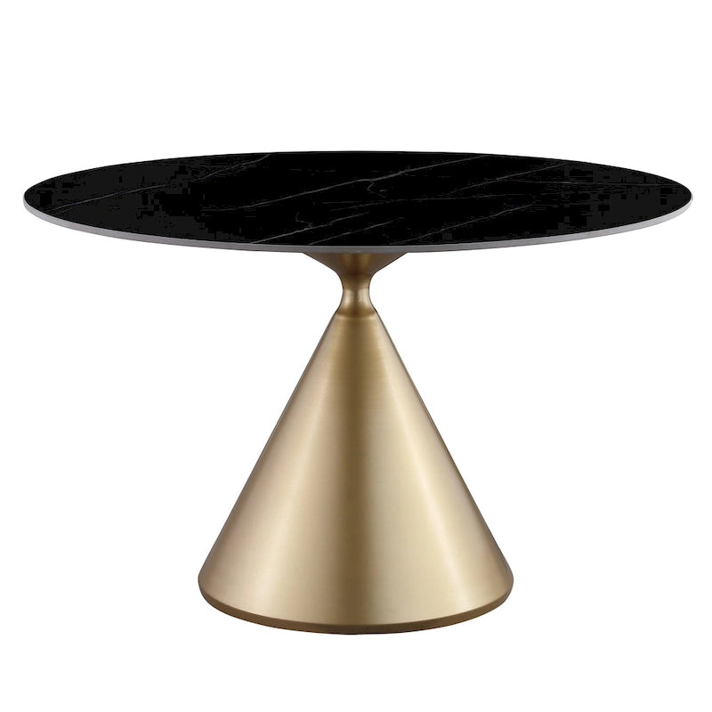 Table à manger ronde de 47 po avec plateau aspect marbre et piétement conique doré