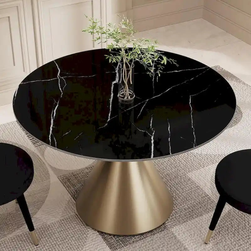 Table à manger ronde de 47 po avec plateau aspect marbre et piétement conique doré