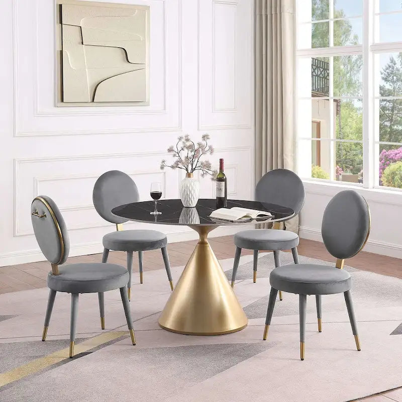 Table à manger ronde de 47 po avec plateau aspect marbre et piétement conique doré