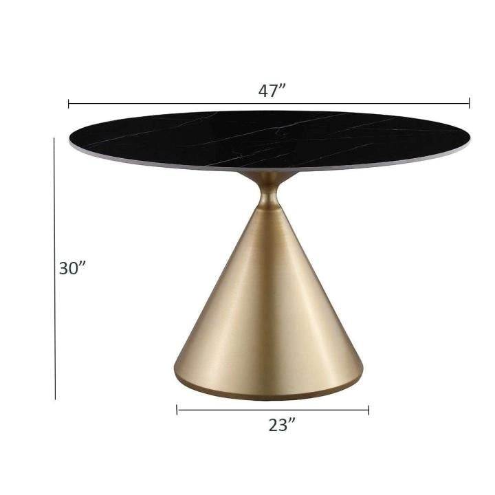 Table à manger ronde de 47 po avec plateau aspect marbre et piétement conique doré