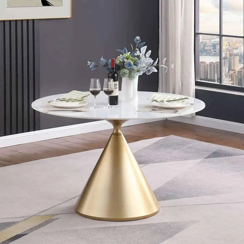Table à manger ronde de 47 po avec plateau aspect marbre et piétement conique doré