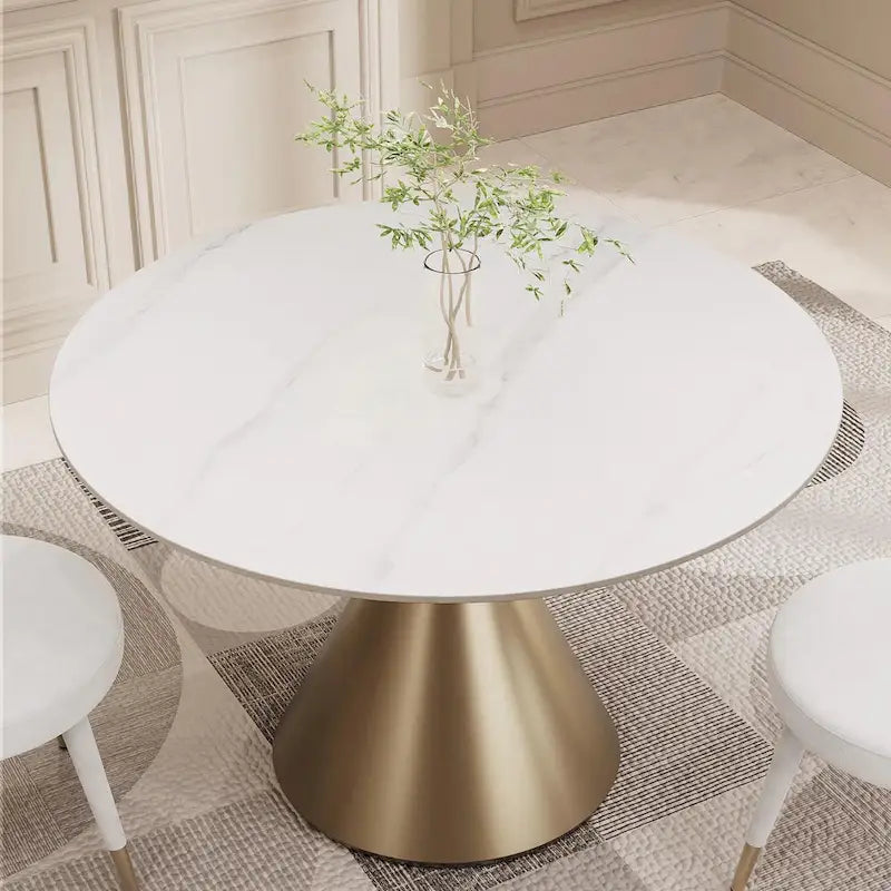 Table à manger ronde de 47 po avec plateau aspect marbre et piétement conique doré