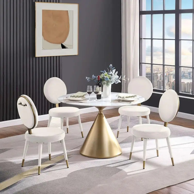 Table à manger ronde de 47 po avec plateau aspect marbre et piétement conique doré