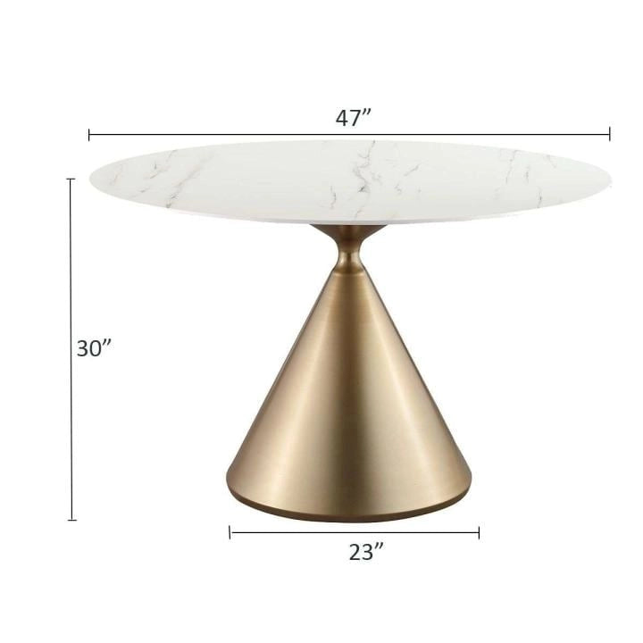 Table à manger ronde de 47 po avec plateau aspect marbre et piétement conique doré
