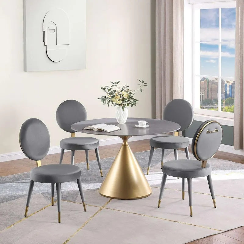 Table à manger ronde de 47 po avec plateau aspect marbre et piétement conique doré
