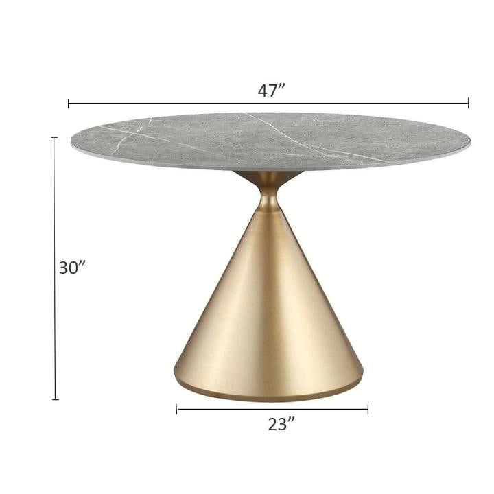 Table à manger ronde de 47 po avec plateau aspect marbre et piétement conique doré