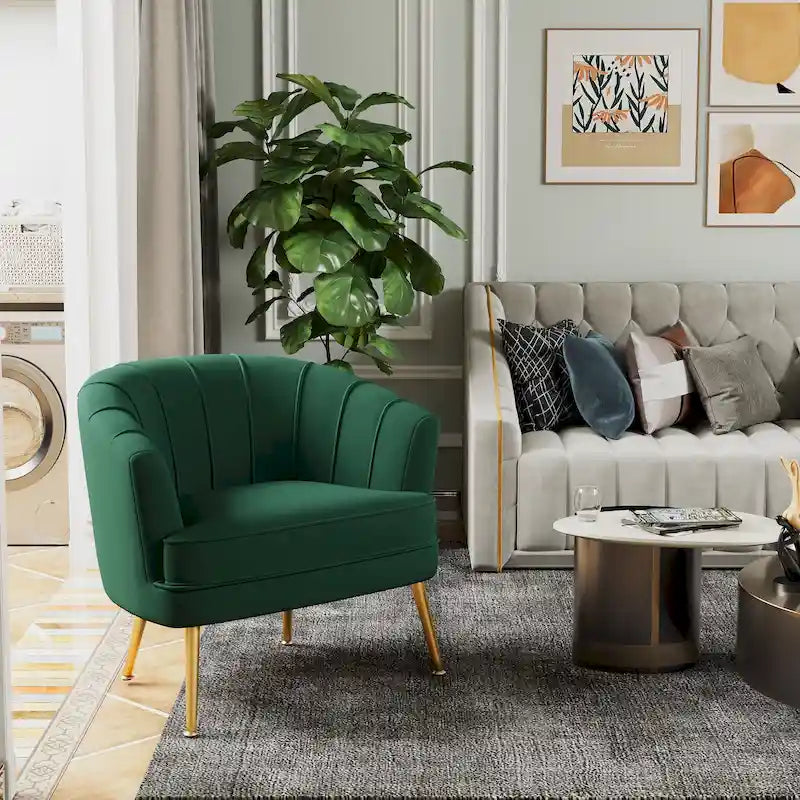 Fauteuil d'appoint en velours avec capitonnage cannelé et pieds en métal doré