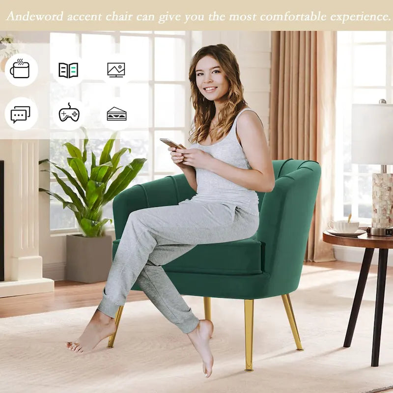 Fauteuil d'appoint en velours avec capitonnage cannelé et pieds en métal doré
