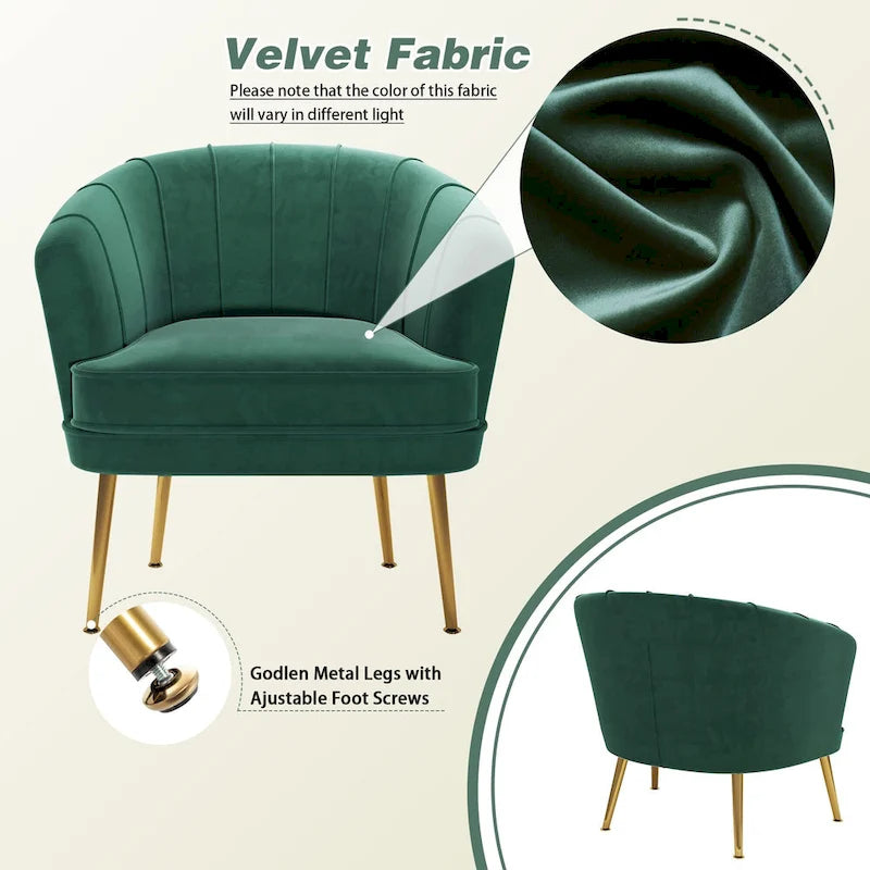 Fauteuil d'appoint en velours avec capitonnage cannelé et pieds en métal doré