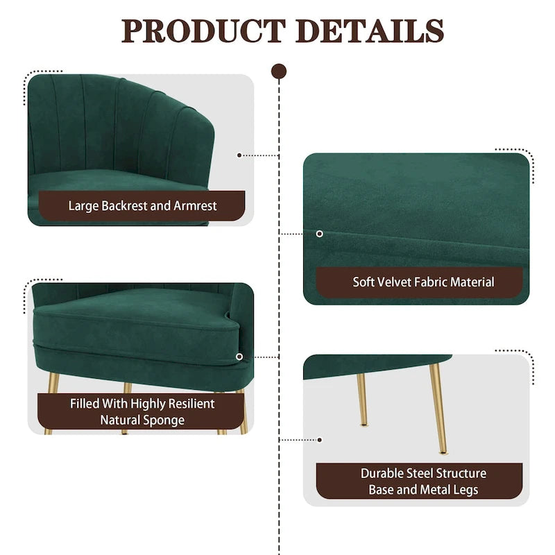 Fauteuil d'appoint en velours avec capitonnage cannelé et pieds en métal doré