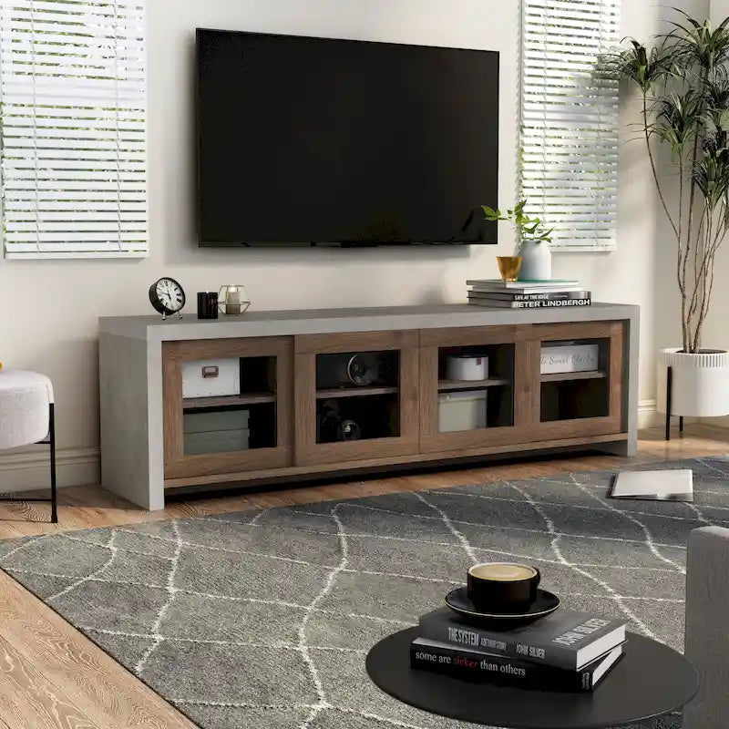 Meuble TV multifonctionnel en verre de 180 cm, design industriel bicolore (noir/noyer)