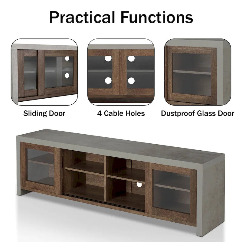 Meuble TV multifonctionnel en verre de 180 cm, design industriel bicolore (noir/noyer)