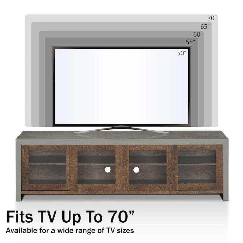 Meuble TV multifonctionnel en verre de 180 cm, design industriel bicolore (noir/noyer)
