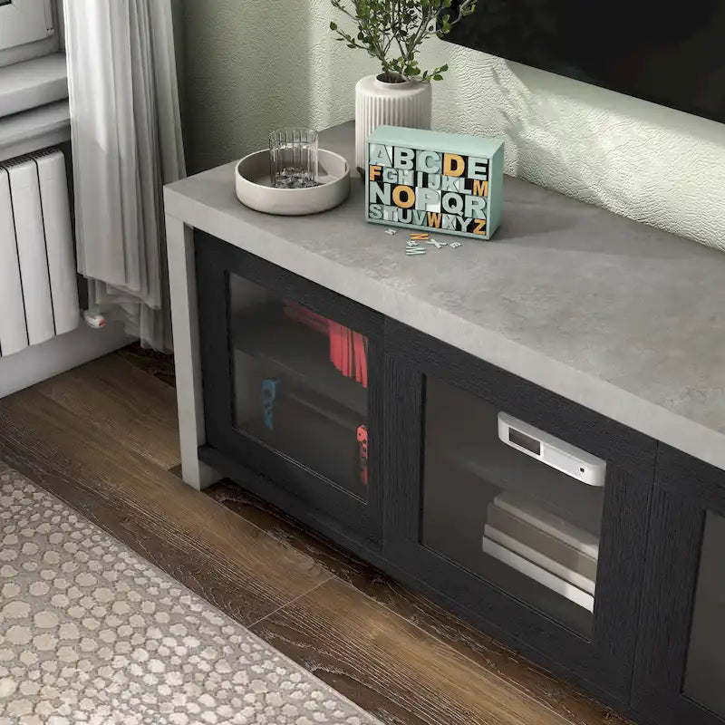 Meuble TV multifonctionnel en verre de 180 cm, design industriel bicolore (noir/noyer)