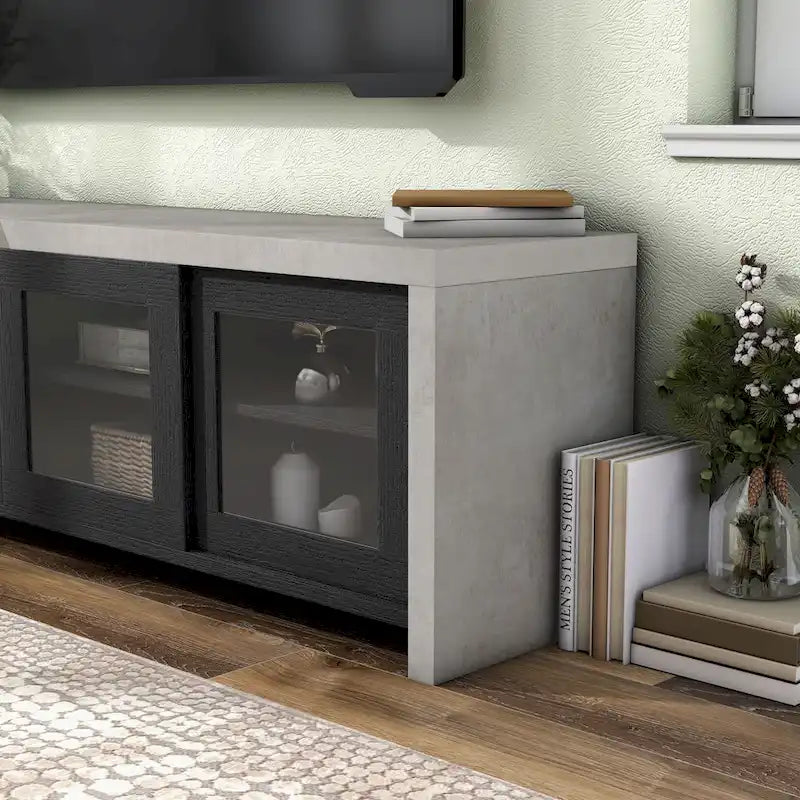 Meuble TV multifonctionnel en verre de 180 cm, design industriel bicolore (noir/noyer)