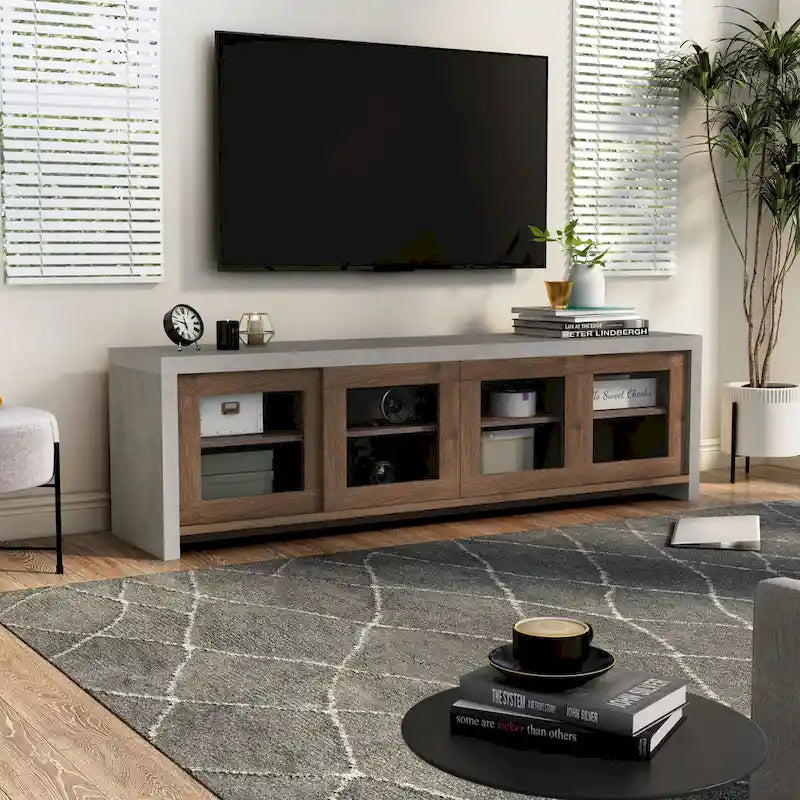Meuble TV multifonctionnel en verre de 180 cm, design industriel bicolore (noir/noyer)