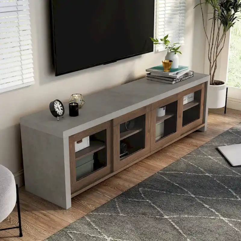 Meuble TV multifonctionnel en verre de 180 cm, design industriel bicolore (noir/noyer)