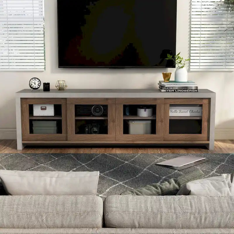 Meuble TV multifonctionnel en verre de 180 cm, design industriel bicolore (noir/noyer)