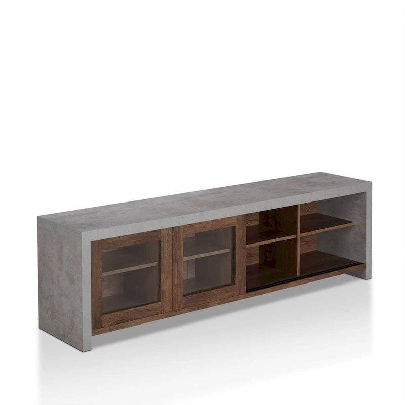 Meuble TV multifonctionnel en verre de 180 cm, design industriel bicolore (noir/noyer)