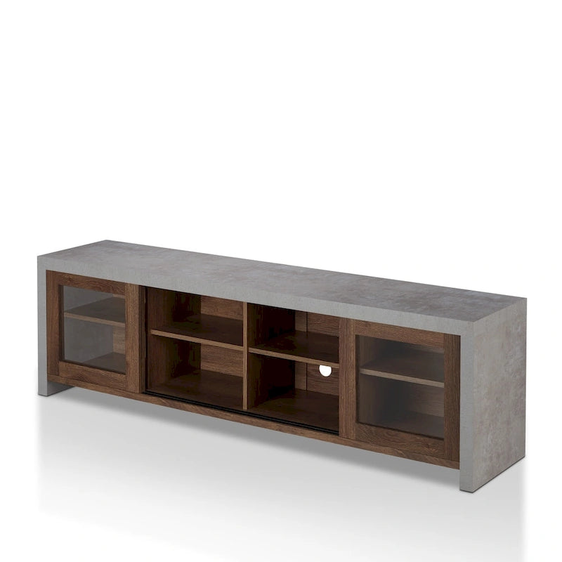 Meuble TV multifonctionnel en verre de 180 cm, design industriel bicolore (noir/noyer)