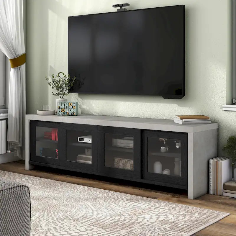 Meuble TV multifonctionnel en verre de 180 cm, design industriel bicolore (noir/noyer)