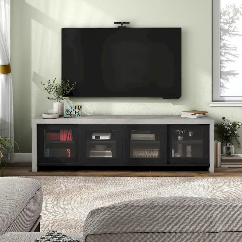 Meuble TV multifonctionnel en verre de 180 cm, design industriel bicolore (noir/noyer)