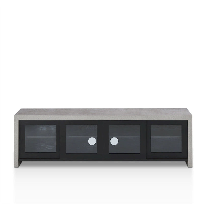 Meuble TV multifonctionnel en verre de 180 cm, design industriel bicolore (noir/noyer)