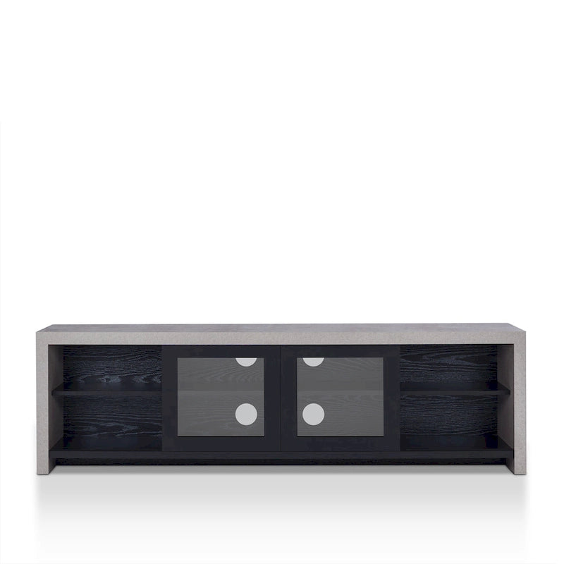 Meuble TV multifonctionnel en verre de 180 cm, design industriel bicolore (noir/noyer)