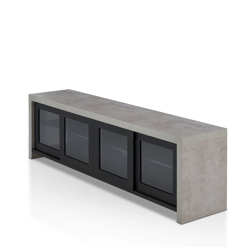 Meuble TV multifonctionnel en verre de 180 cm, design industriel bicolore (noir/noyer)