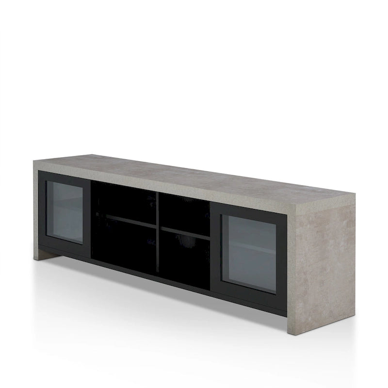 Meuble TV multifonctionnel en verre de 180 cm, design industriel bicolore (noir/noyer)