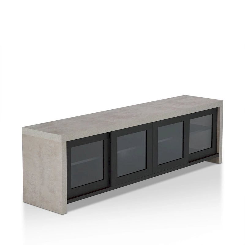 Meuble TV multifonctionnel en verre de 180 cm, design industriel bicolore (noir/noyer)