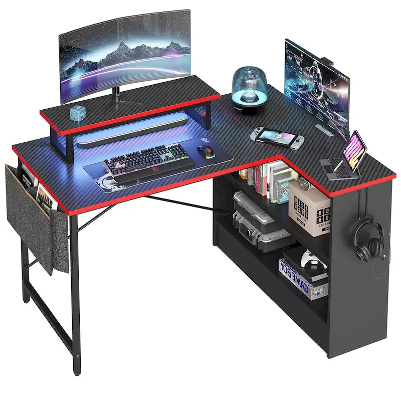Bureau de jeu en L de 42 po avec DEL et support d'écran