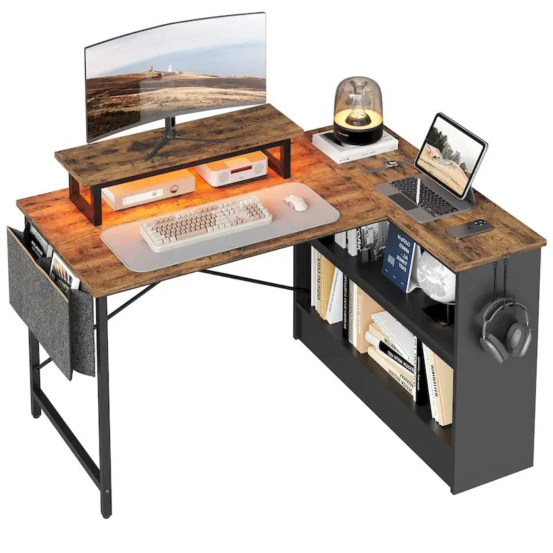 Bureau de jeu en L de 42 po avec DEL et support d'écran