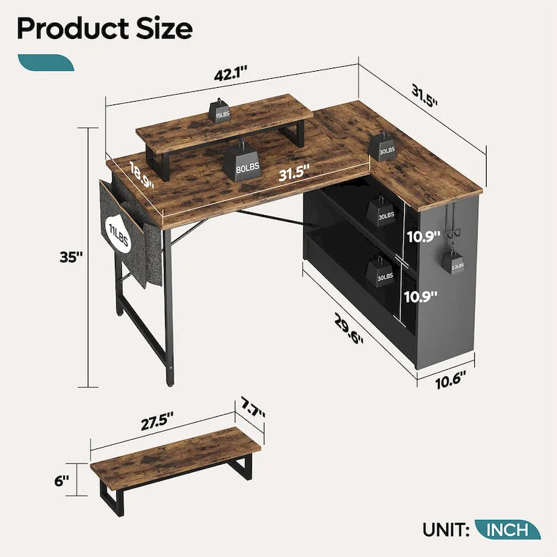 Bureau de jeu en L de 42 po avec DEL et support d'écran