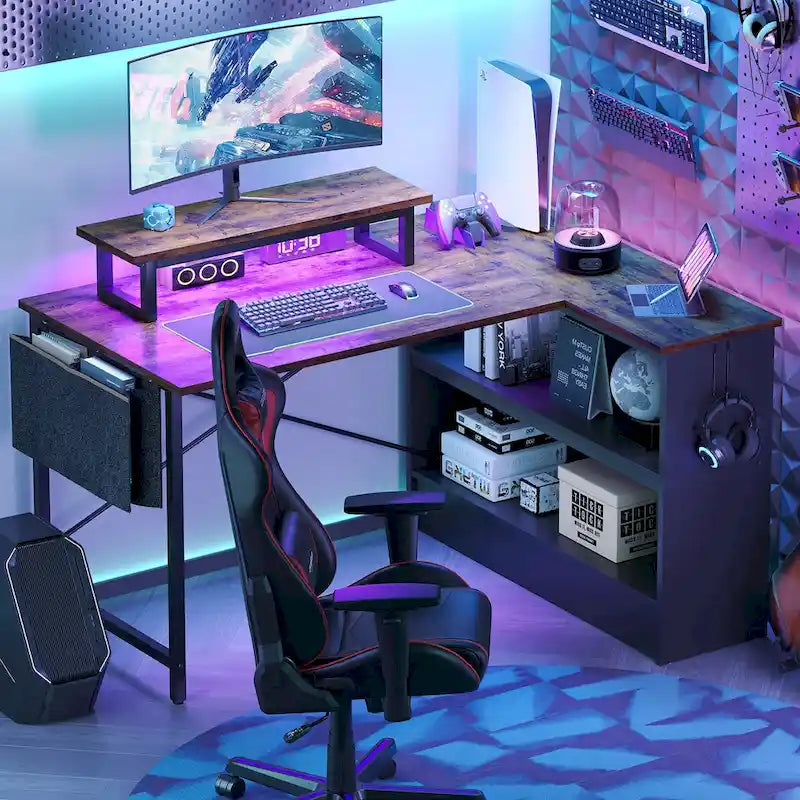Bureau de jeu en L de 42 po avec DEL et support d'écran