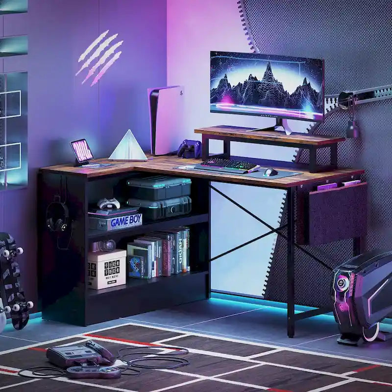 Bureau de jeu en L de 42 po avec DEL et support d'écran