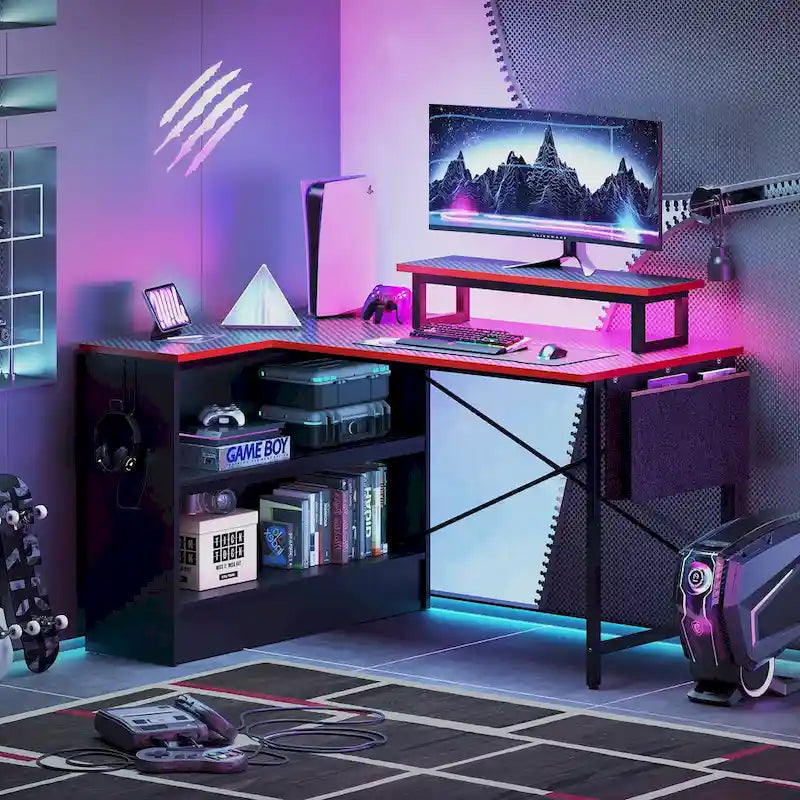 Bureau de jeu en L de 42 po avec DEL et support d'écran