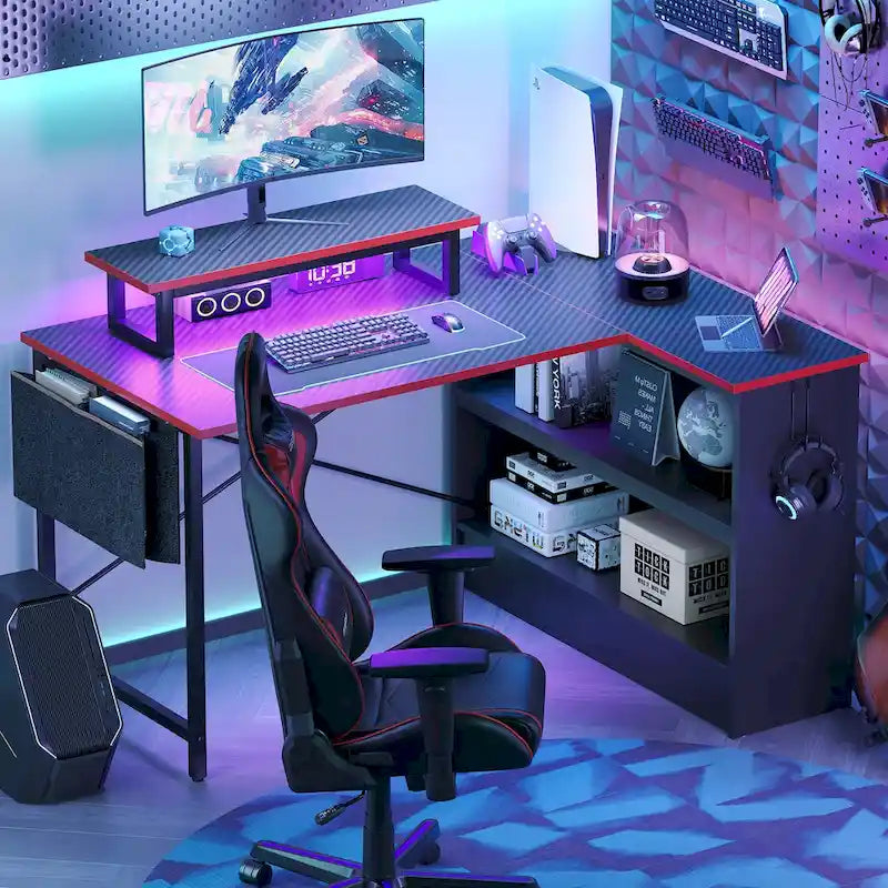 Bureau de jeu en L de 42 po avec DEL et support d'écran