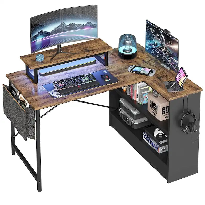 Bureau de jeu en L de 42 po avec DEL et support d'écran