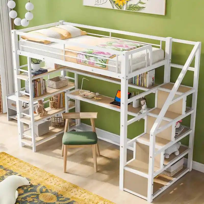 Lit mezzanine simple avec escalier, bureau intégré et étagères à 4 niveaux